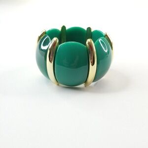 Vintage‎ Gold Tone and Green Lucite Chunky Wide Stretch Cuff Bracelet Unsigned
